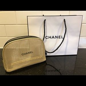 CHANEL gold mesh makeup bag NWOT
